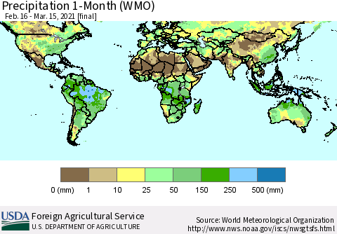 World Precipitation 1-Month (WMO) Thematic Map For 2/16/2021 - 3/15/2021