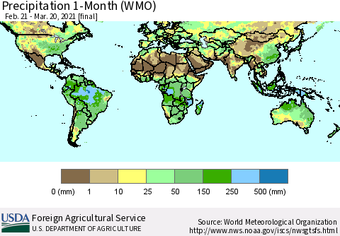 World Precipitation 1-Month (WMO) Thematic Map For 2/21/2021 - 3/20/2021