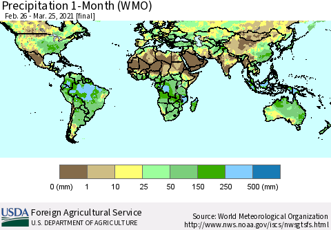World Precipitation 1-Month (WMO) Thematic Map For 2/26/2021 - 3/25/2021