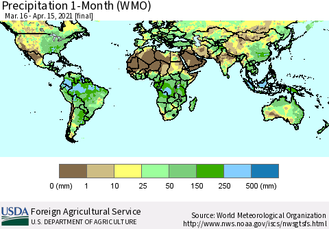 World Precipitation 1-Month (WMO) Thematic Map For 3/16/2021 - 4/15/2021