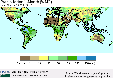 World Precipitation 1-Month (WMO) Thematic Map For 3/26/2021 - 4/25/2021