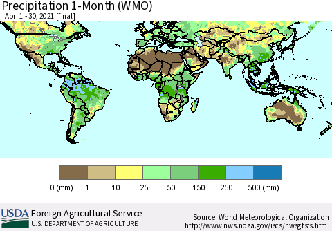 World Precipitation 1-Month (WMO) Thematic Map For 4/1/2021 - 4/30/2021