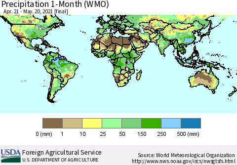 World Precipitation 1-Month (WMO) Thematic Map For 4/21/2021 - 5/20/2021