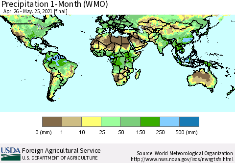 World Precipitation 1-Month (WMO) Thematic Map For 4/26/2021 - 5/25/2021
