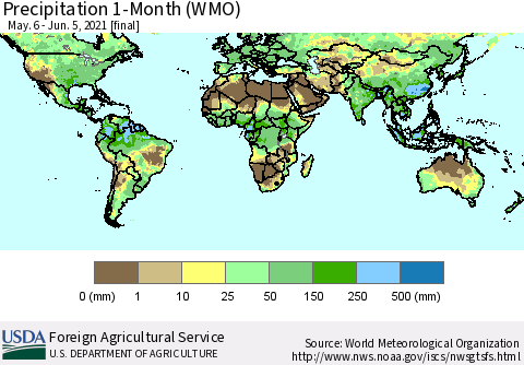 World Precipitation 1-Month (WMO) Thematic Map For 5/6/2021 - 6/5/2021