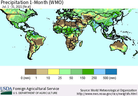 World Precipitation 1-Month (WMO) Thematic Map For 7/1/2021 - 7/31/2021