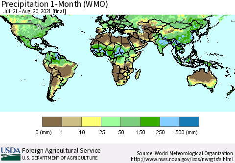 World Precipitation 1-Month (WMO) Thematic Map For 7/21/2021 - 8/20/2021