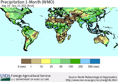 World Precipitation 1-Month (WMO) Thematic Map For 8/16/2021 - 9/15/2021