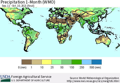 World Precipitation 1-Month (WMO) Thematic Map For 9/11/2021 - 10/10/2021