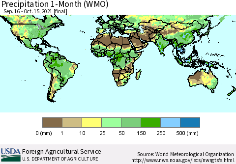 World Precipitation 1-Month (WMO) Thematic Map For 9/16/2021 - 10/15/2021