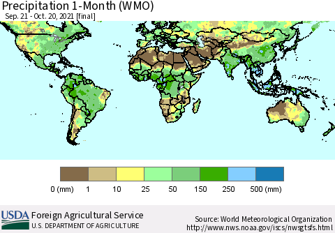 World Precipitation 1-Month (WMO) Thematic Map For 9/21/2021 - 10/20/2021