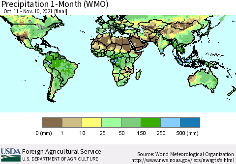 World Precipitation 1-Month (WMO) Thematic Map For 10/11/2021 - 11/10/2021