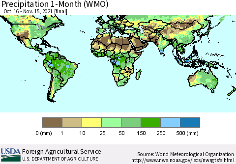 World Precipitation 1-Month (WMO) Thematic Map For 10/16/2021 - 11/15/2021