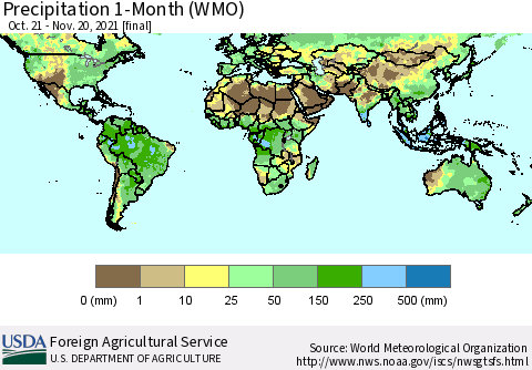 World Precipitation 1-Month (WMO) Thematic Map For 10/21/2021 - 11/20/2021