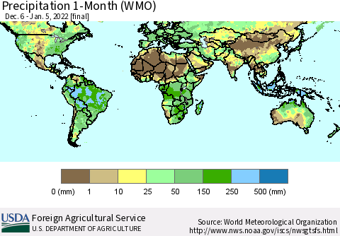 World Precipitation 1-Month (WMO) Thematic Map For 12/6/2021 - 1/5/2022