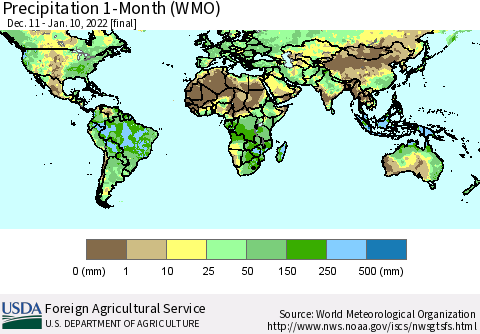 World Precipitation 1-Month (WMO) Thematic Map For 12/11/2021 - 1/10/2022
