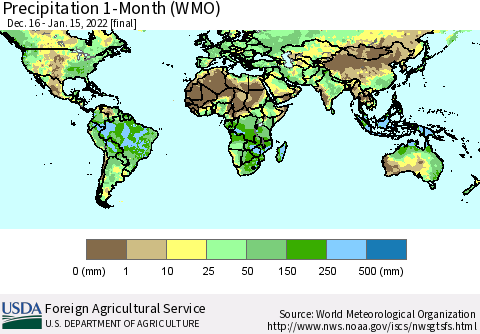 World Precipitation 1-Month (WMO) Thematic Map For 12/16/2021 - 1/15/2022