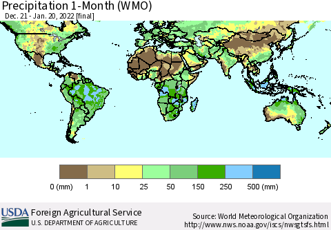 World Precipitation 1-Month (WMO) Thematic Map For 12/21/2021 - 1/20/2022