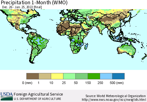 World Precipitation 1-Month (WMO) Thematic Map For 12/26/2021 - 1/25/2022