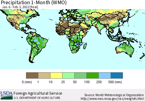 World Precipitation 1-Month (WMO) Thematic Map For 1/6/2022 - 2/5/2022
