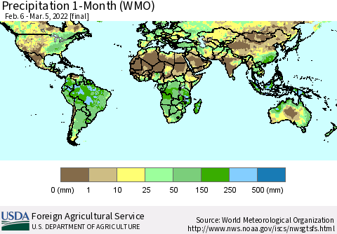 World Precipitation 1-Month (WMO) Thematic Map For 2/6/2022 - 3/5/2022