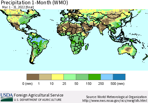 World Precipitation 1-Month (WMO) Thematic Map For 3/1/2022 - 3/31/2022