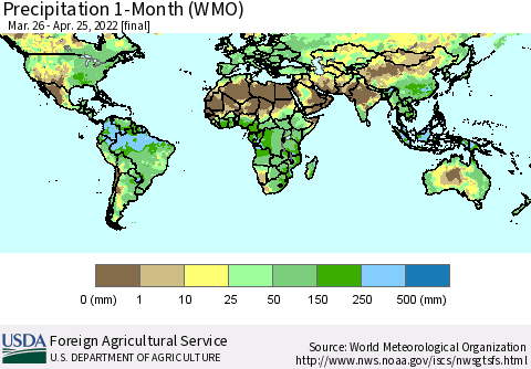 World Precipitation 1-Month (WMO) Thematic Map For 3/26/2022 - 4/25/2022