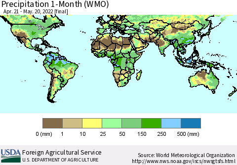 World Precipitation 1-Month (WMO) Thematic Map For 4/21/2022 - 5/20/2022