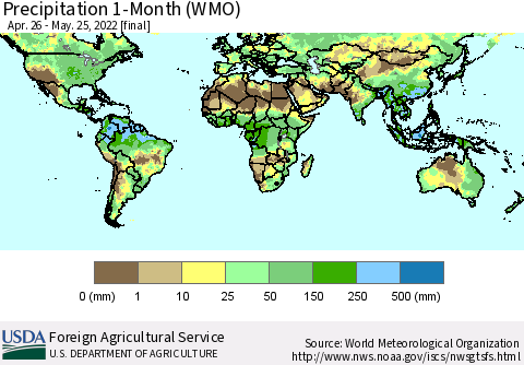 World Precipitation 1-Month (WMO) Thematic Map For 4/26/2022 - 5/25/2022