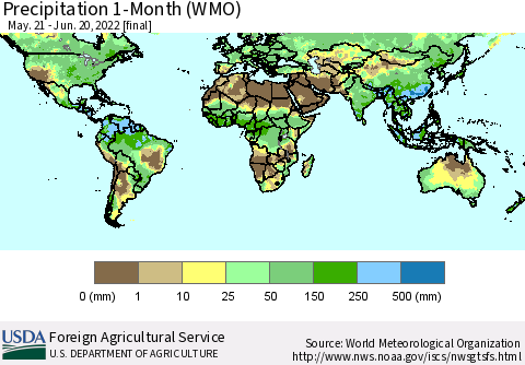 World Precipitation 1-Month (WMO) Thematic Map For 5/21/2022 - 6/20/2022