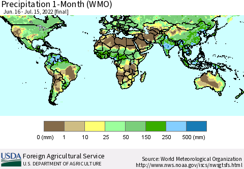 World Precipitation 1-Month (WMO) Thematic Map For 6/16/2022 - 7/15/2022