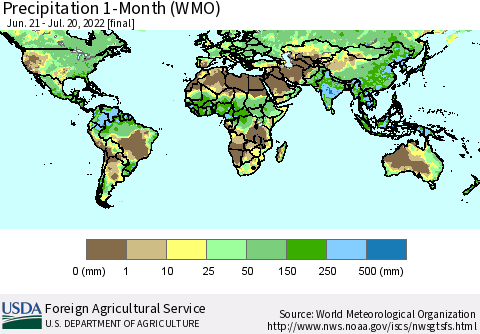 World Precipitation 1-Month (WMO) Thematic Map For 6/21/2022 - 7/20/2022