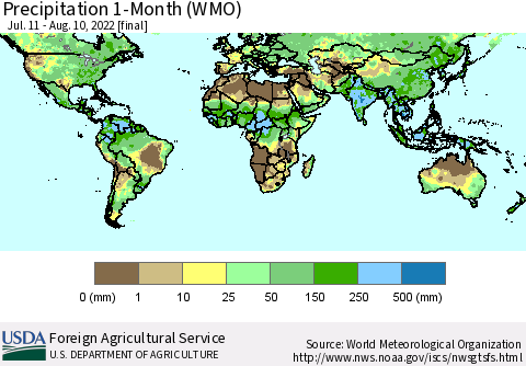 World Precipitation 1-Month (WMO) Thematic Map For 7/11/2022 - 8/10/2022