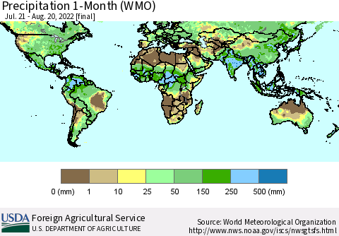 World Precipitation 1-Month (WMO) Thematic Map For 7/21/2022 - 8/20/2022