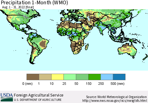World Precipitation 1-Month (WMO) Thematic Map For 8/1/2022 - 8/31/2022