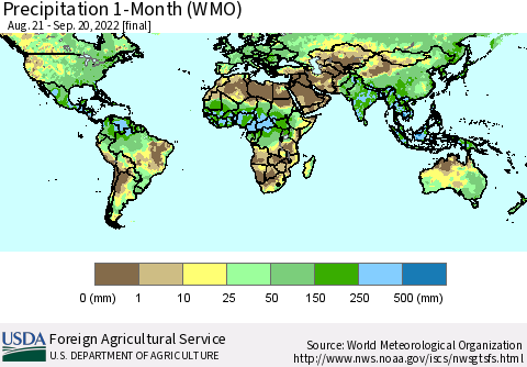 World Precipitation 1-Month (WMO) Thematic Map For 8/21/2022 - 9/20/2022