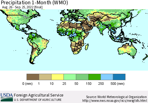 World Precipitation 1-Month (WMO) Thematic Map For 8/26/2022 - 9/25/2022