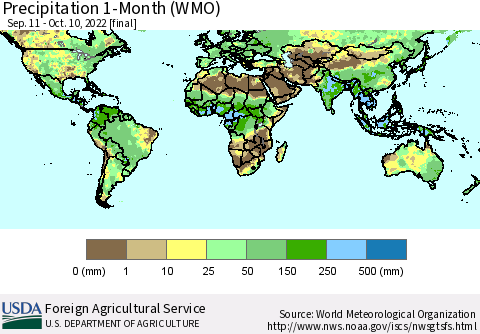 World Precipitation 1-Month (WMO) Thematic Map For 9/11/2022 - 10/10/2022