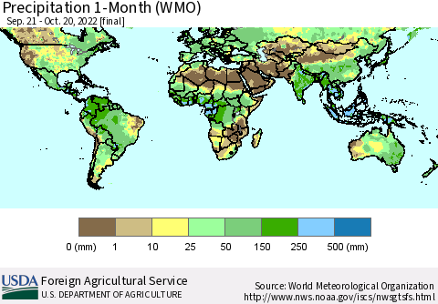 World Precipitation 1-Month (WMO) Thematic Map For 9/21/2022 - 10/20/2022