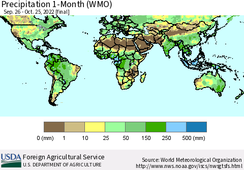 World Precipitation 1-Month (WMO) Thematic Map For 9/26/2022 - 10/25/2022