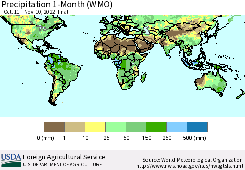 World Precipitation 1-Month (WMO) Thematic Map For 10/11/2022 - 11/10/2022