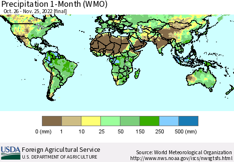 World Precipitation 1-Month (WMO) Thematic Map For 10/26/2022 - 11/25/2022