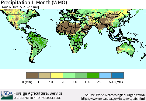 World Precipitation 1-Month (WMO) Thematic Map For 11/6/2022 - 12/5/2022