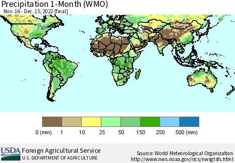 World Precipitation 1-Month (WMO) Thematic Map For 11/16/2022 - 12/15/2022