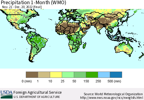 World Precipitation 1-Month (WMO) Thematic Map For 11/21/2022 - 12/20/2022