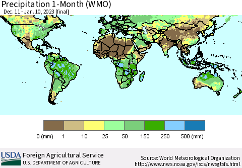 World Precipitation 1-Month (WMO) Thematic Map For 12/11/2022 - 1/10/2023