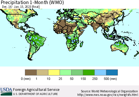 World Precipitation 1-Month (WMO) Thematic Map For 12/16/2022 - 1/15/2023
