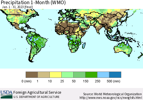 World Precipitation 1-Month (WMO) Thematic Map For 1/1/2023 - 1/31/2023