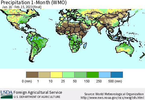 World Precipitation 1-Month (WMO) Thematic Map For 1/16/2023 - 2/15/2023