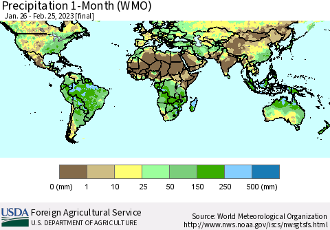 World Precipitation 1-Month (WMO) Thematic Map For 1/26/2023 - 2/25/2023